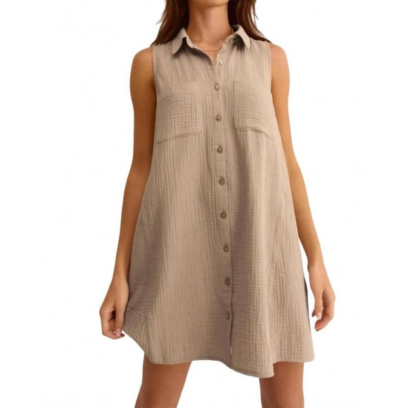 Z Supply Dresses & Skirts - Z Supply New Light Mini Dress Putty Sz M 100% Cotton Gauze Sleeveless Button Up